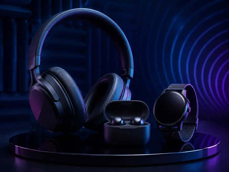 Wireless headphones, earbuds and smartwatch on a premium display