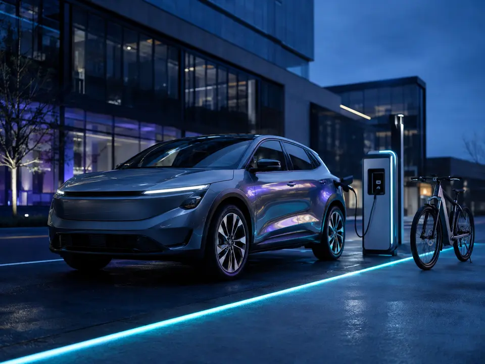 Electric crossover charging beside a modern electric bicycle