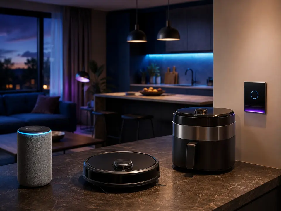Smart speaker, robot vacuum and connected appliance in a modern home
