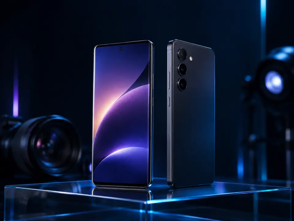 Two modern smartphones displayed in a premium technology studio