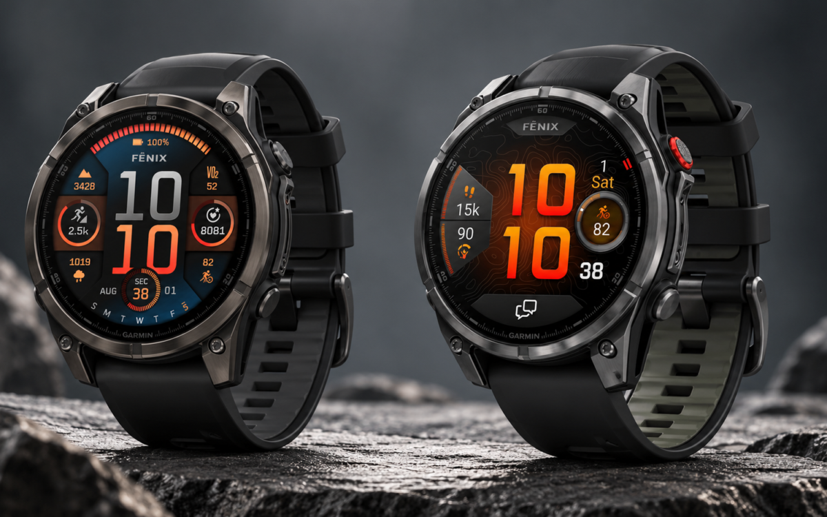 Garmin Fenix 9 and Fenix 9 Pro rugged smartwatches displayed side by side on a rocky surface