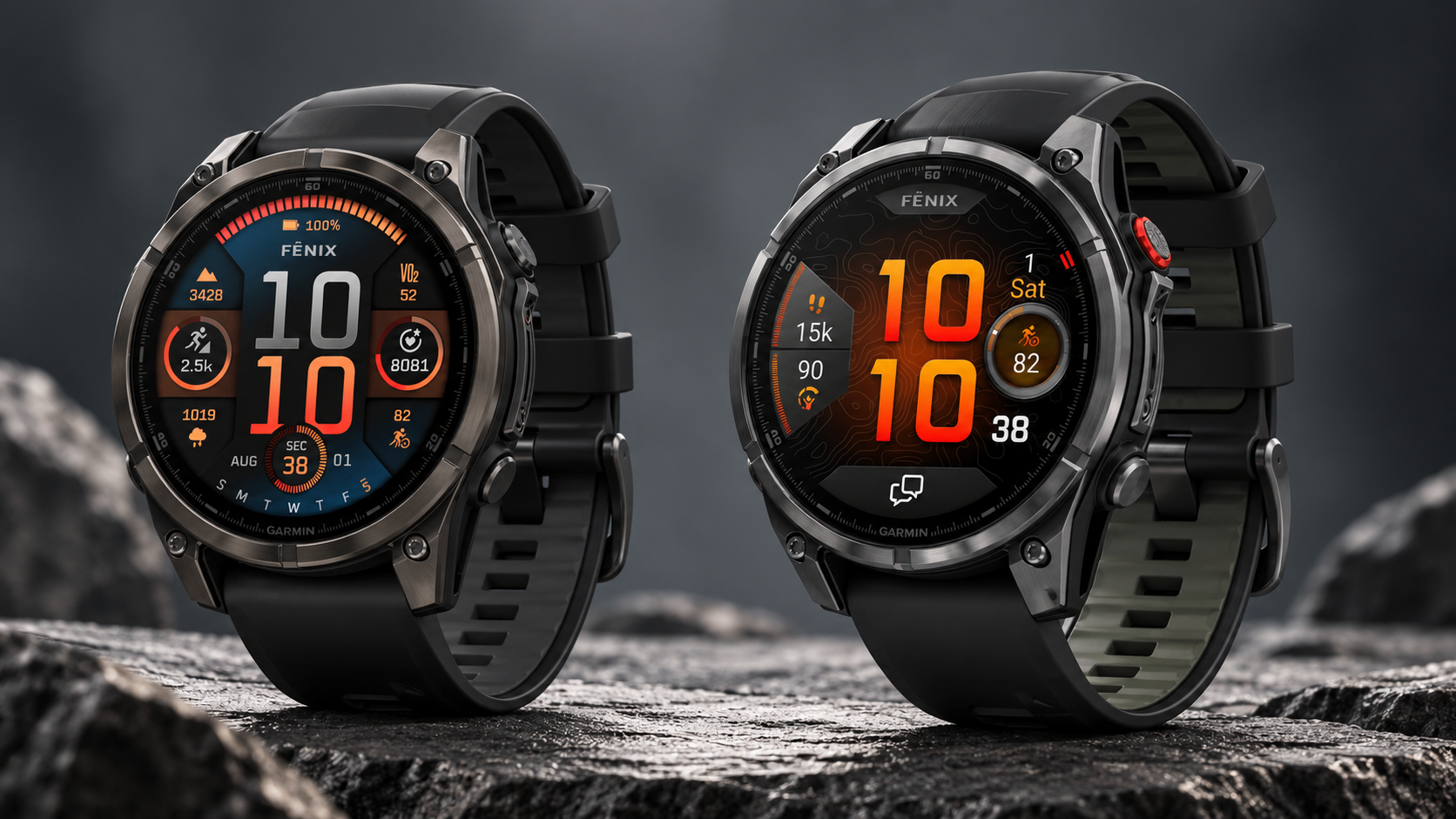 Garmin Fenix 9 and Fenix 9 Pro rugged smartwatches displayed side by side on a rocky surface