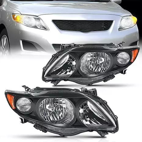 Headlight Assembly Replacement for 2009–2010 Toyota Corolla XLE/LE/Base: Black Housing, Amber Reflector for Driver and Passenger Side