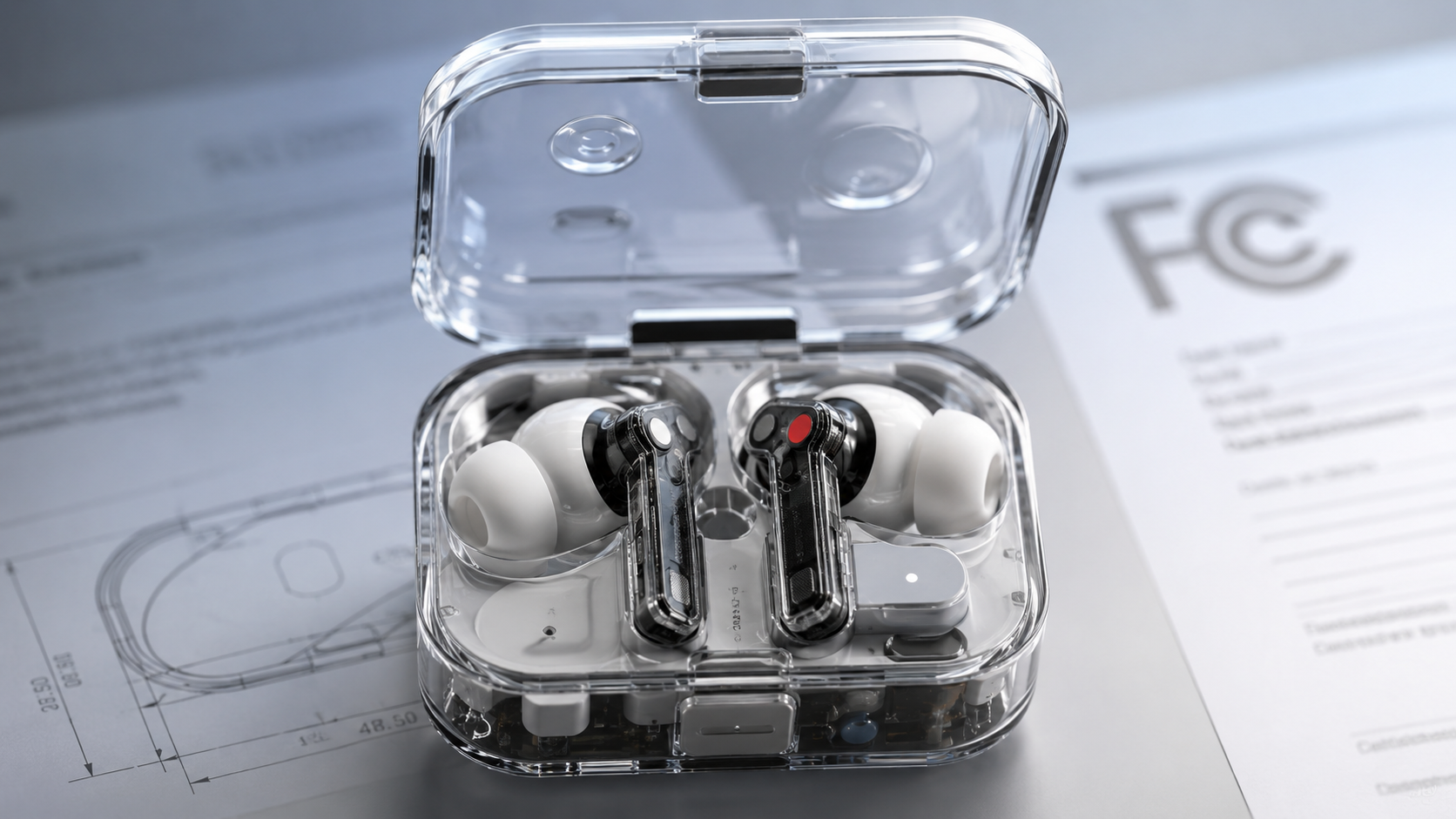 Nothing Buds Pro 2 FCC Listing – Earbuds and Charging Case Nothing Buds Pro 2 earbuds and transparent charging case shown with FCC certification documents