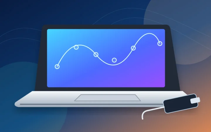 Slim silver 14-inch laptop with abstract blue AI graphics and a USB-C charger