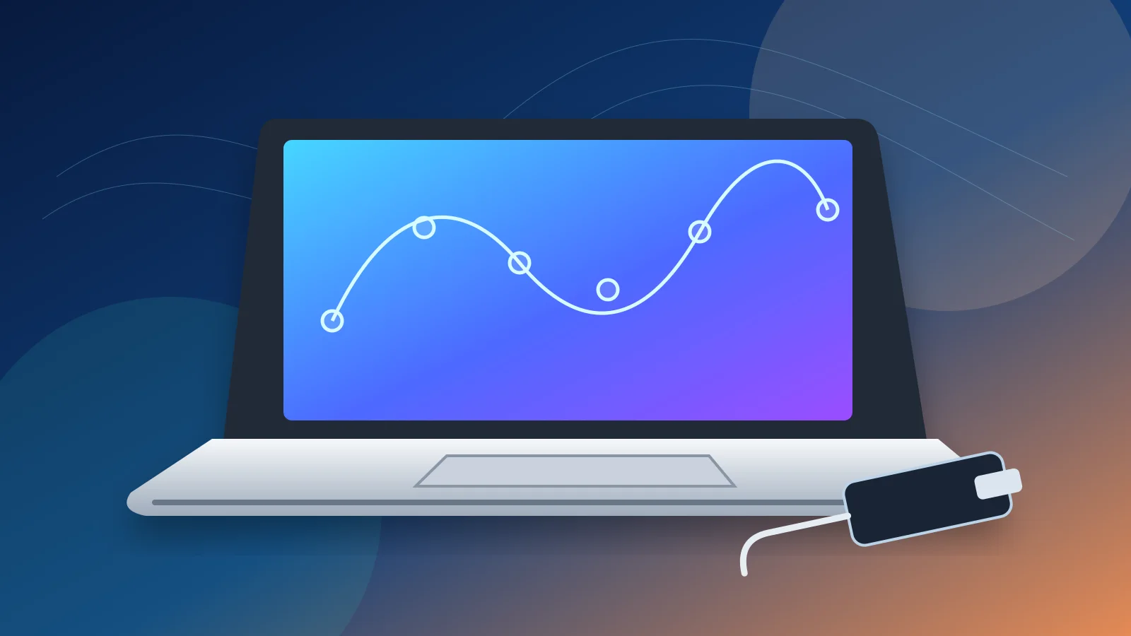 Slim silver 14-inch laptop with abstract blue AI graphics and a USB-C charger