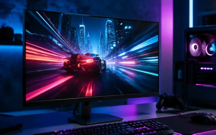Flat gaming monitor showing a vivid high-speed racing scene on a cyan and magenta esports desk