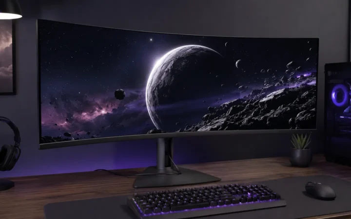 Large ultrawide OLED gaming monitor with purple graphics in a premium desk setup