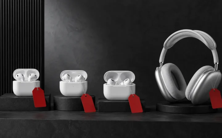 Three white wireless earbud styles and silver over-ear headphones displayed with blank red sale tags