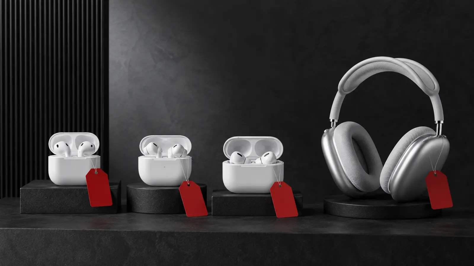 Three white wireless earbud styles and silver over-ear headphones displayed with blank red sale tags