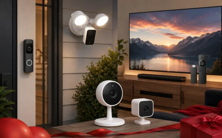 Modern home with video doorbell, spotlight camera, indoor cameras and a streaming stick beside a television