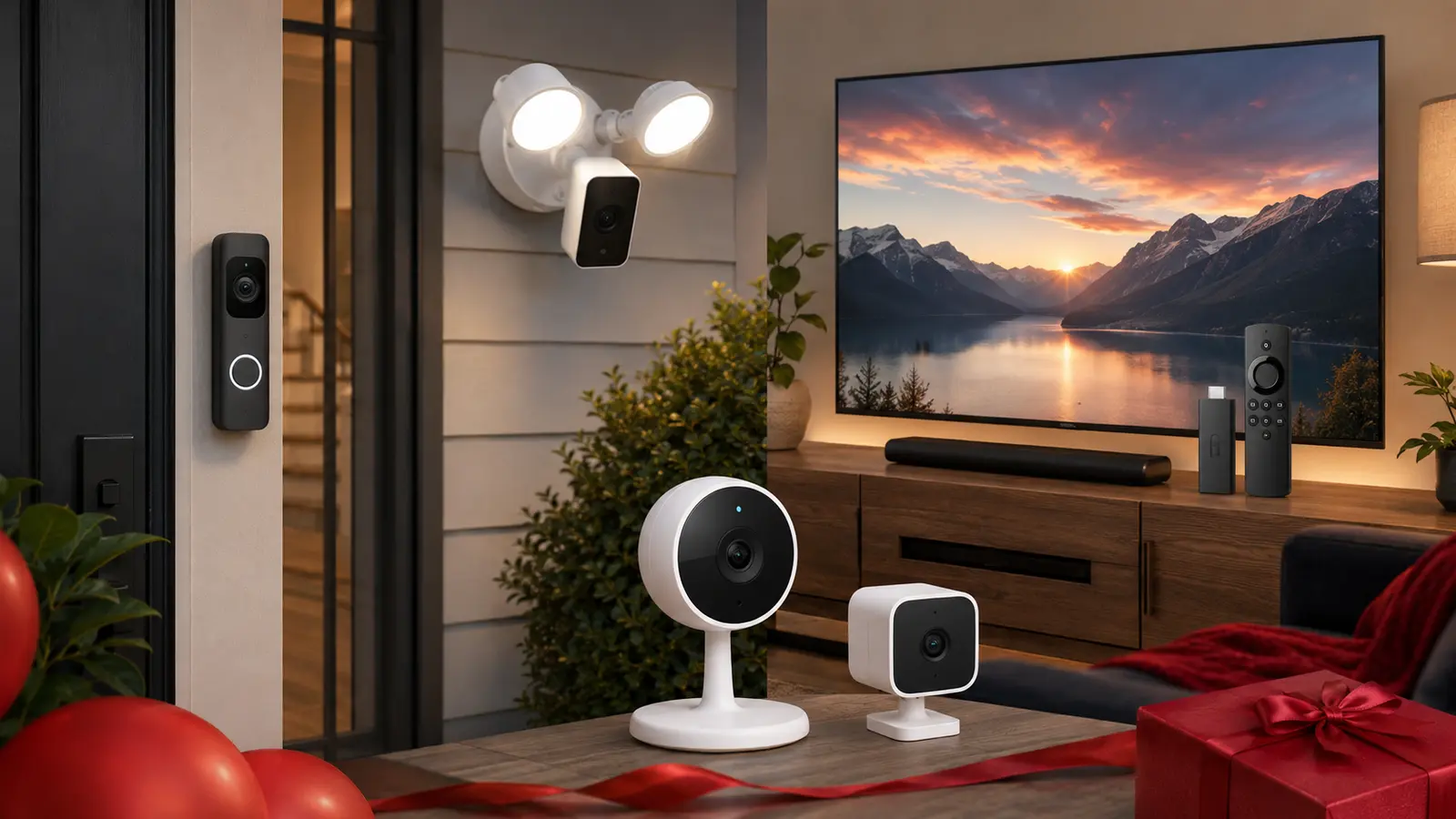Modern home with video doorbell, spotlight camera, indoor cameras and a streaming stick beside a television