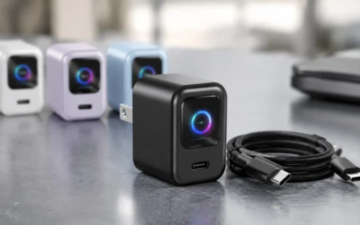 Compact black USB-C wall charger with a color power gauge, foldable prongs and alternate colors behind it