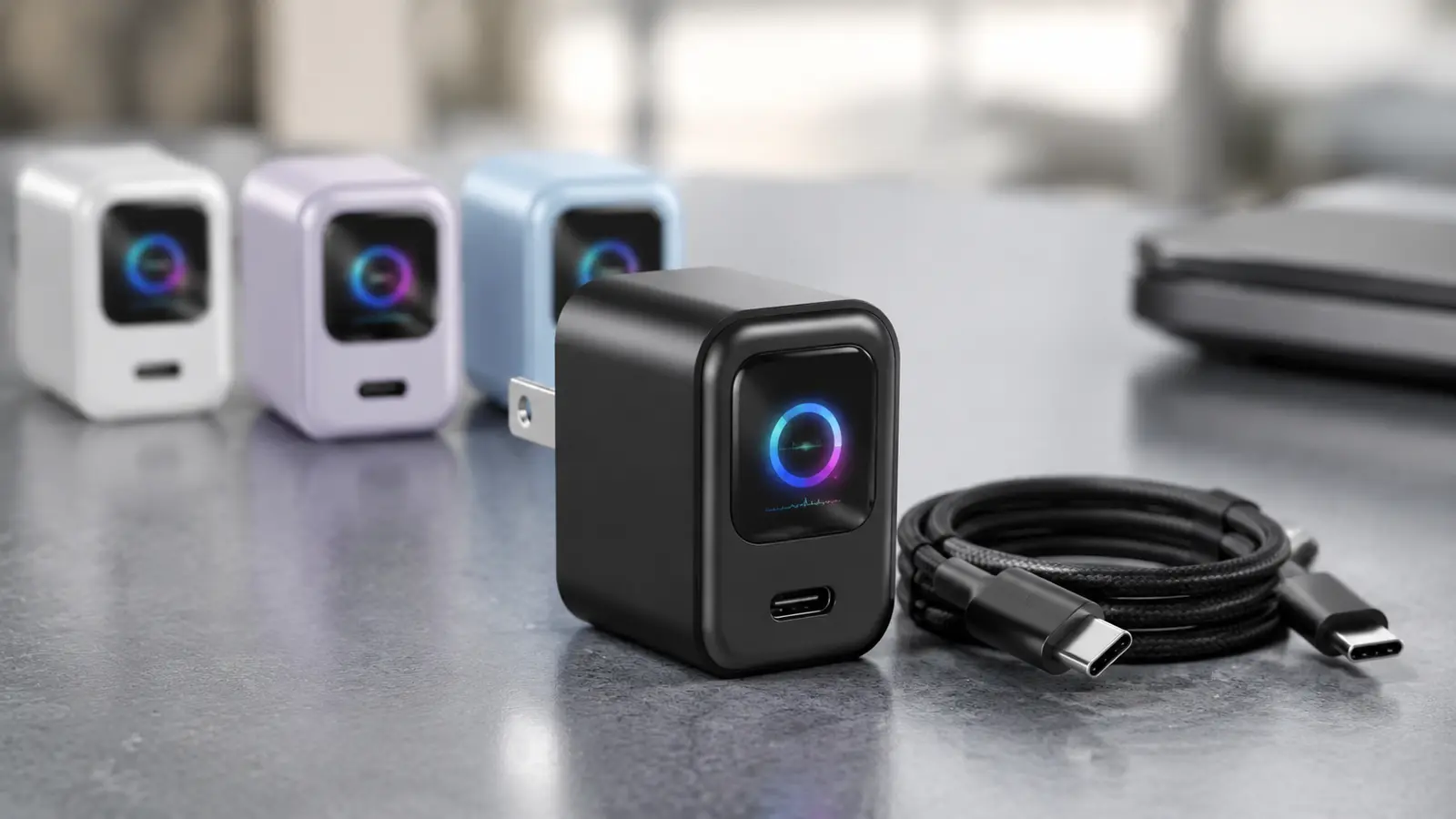 Compact black USB-C wall charger with a color power gauge, foldable prongs and alternate colors behind it