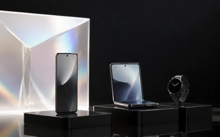 Editorial concept of premium smartphones, a foldable phone and smartwatch on a launch-event stage
