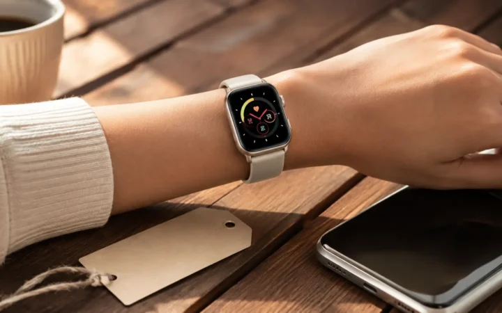 Small starlight-colored smartwatch on a wrist beside a phone and a blank sale tag