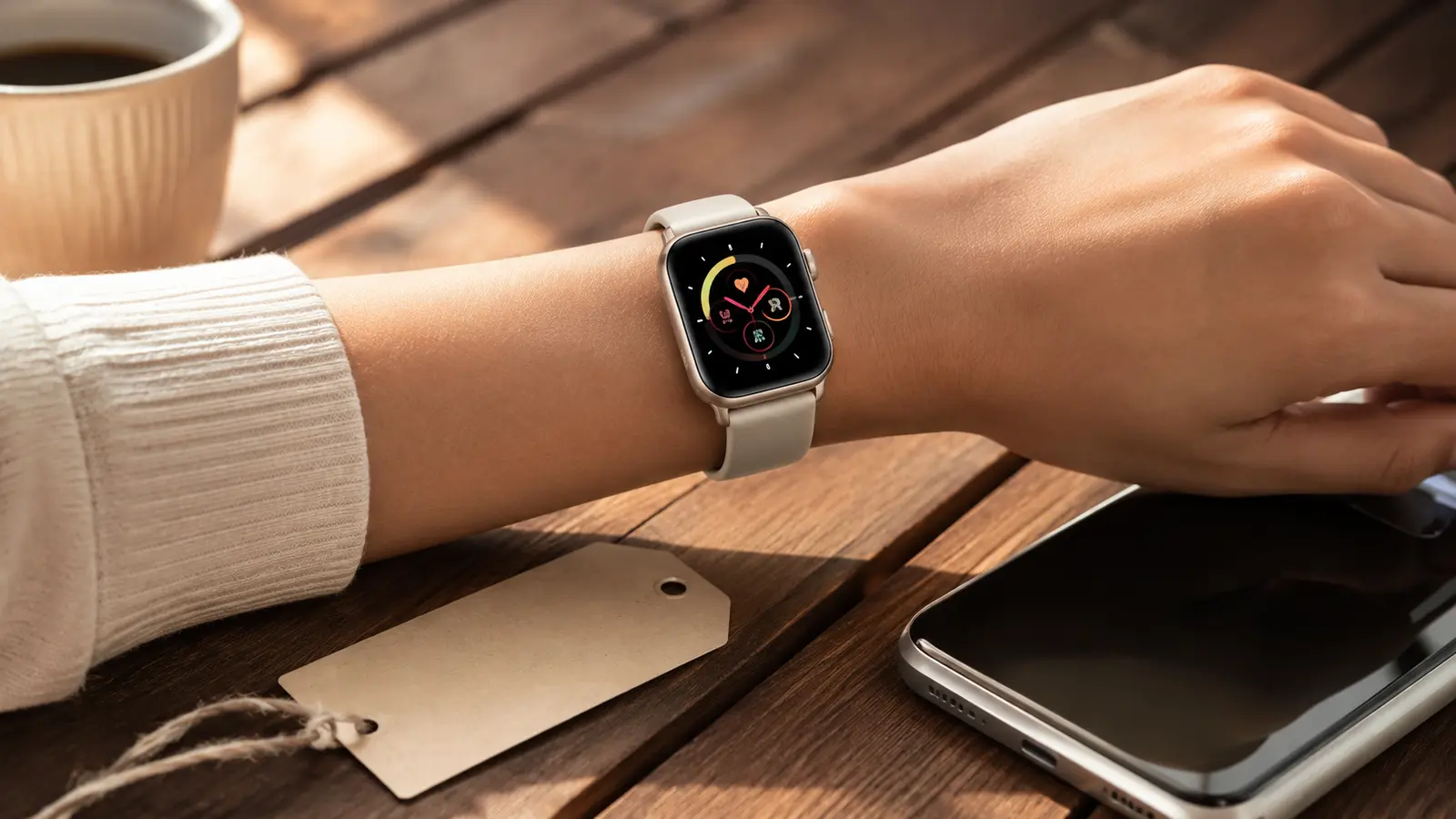Small starlight-colored smartwatch on a wrist beside a phone and a blank sale tag