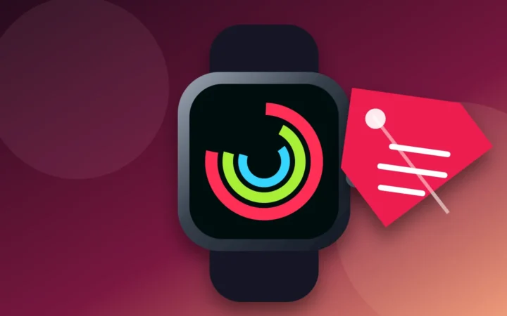 Modern smartwatch with a midnight band, activity rings and a blank sale marker