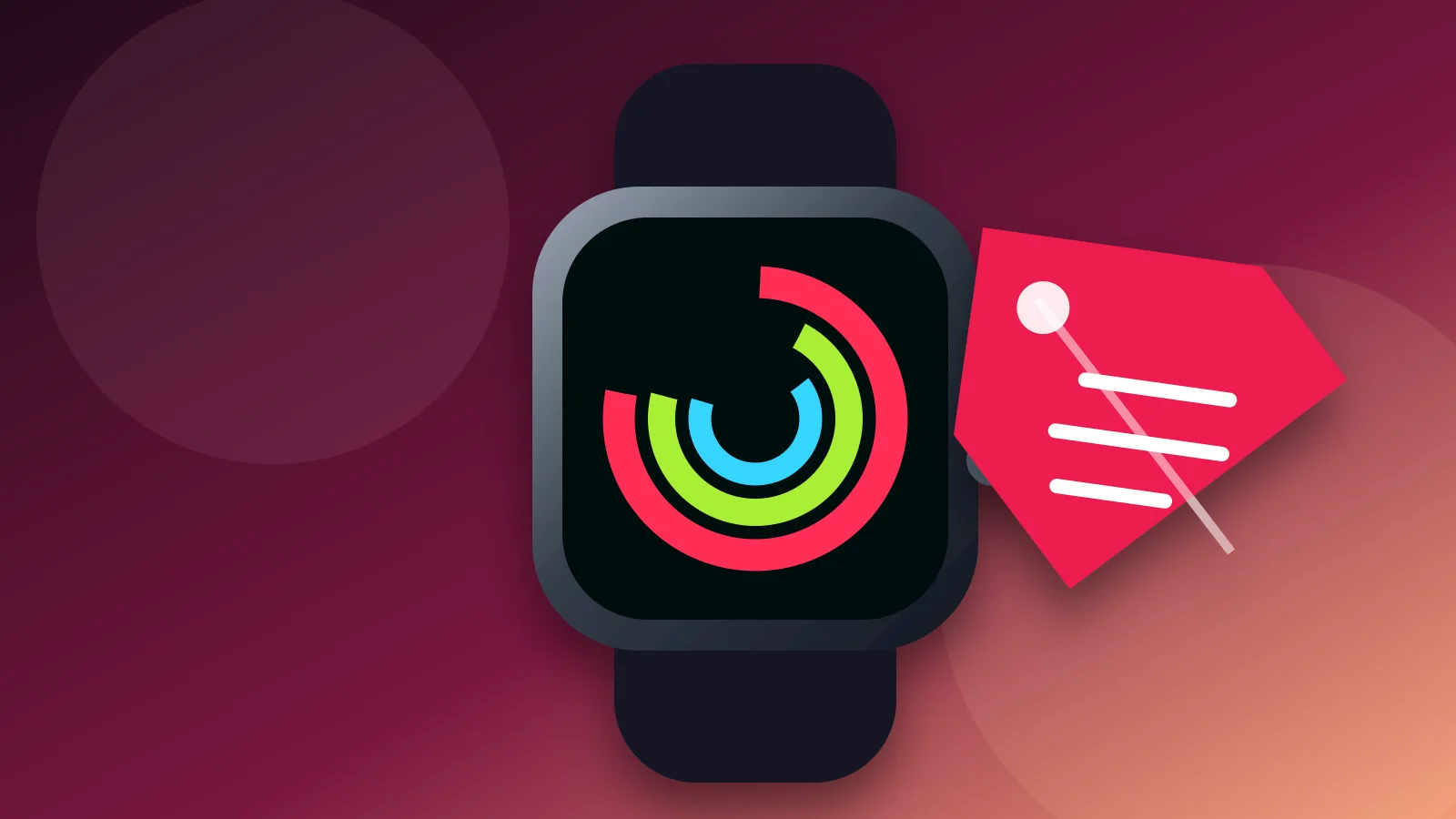Modern smartwatch with a midnight band, activity rings and a blank sale marker