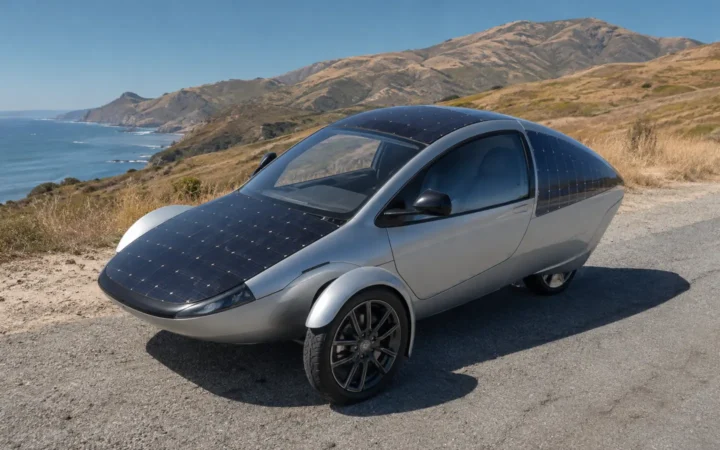 Aerodynamic three-wheel solar electric vehicle in bright sunlight for the Aptera test guide