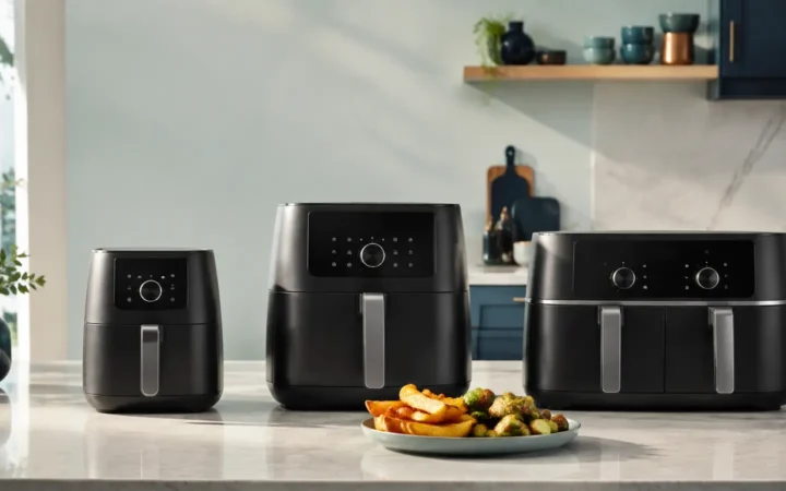 Compact, family-size and dual-basket air fryers compared on a kitchen counter