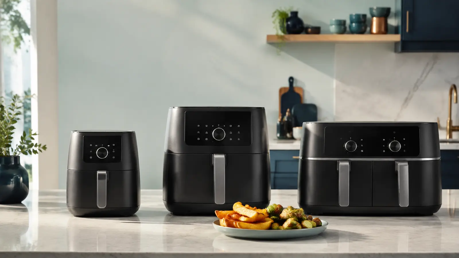 Compact, family-size and dual-basket air fryers compared on a kitchen counter