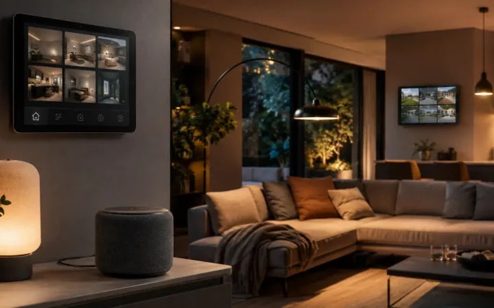 Voice-controlled smart home with compact speaker, wall display, lights and camera