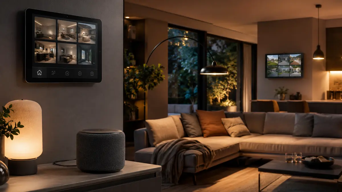 Voice-controlled smart home with compact speaker, wall display, lights and camera