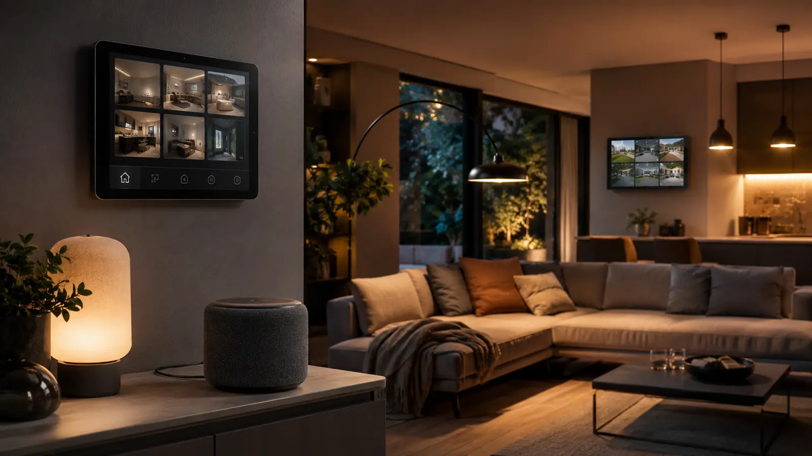 Modern living room with smart speaker, wall control display, lighting and door camera