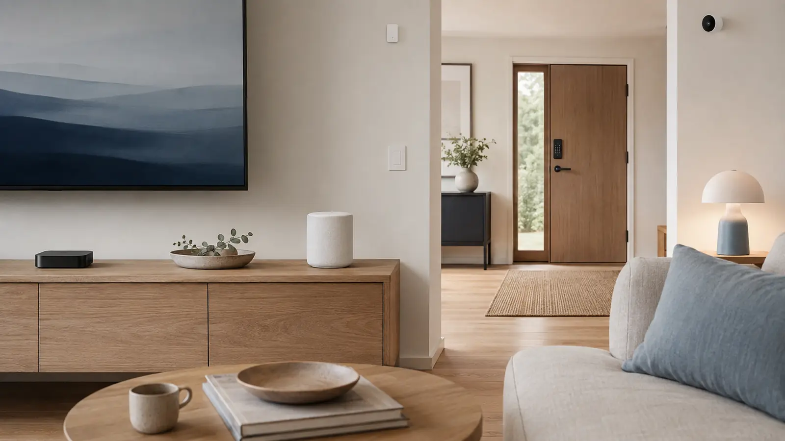 Modern Apple-oriented smart home with speaker, television hub, smart lighting, lock and sensor