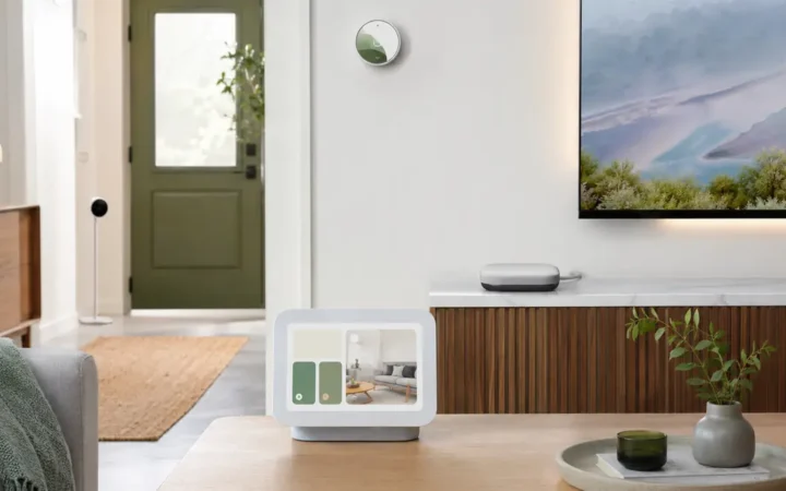 Google Home style smart display, streaming hub, camera and thermostat in a modern home