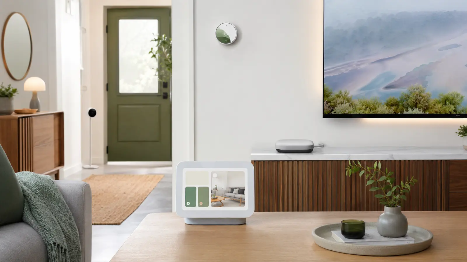 Modern home controlled by smart display and streaming hub with camera, thermostat and lights
