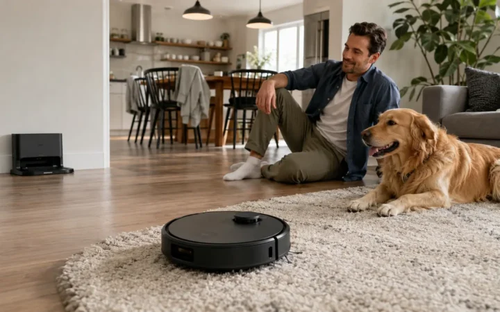 Pet owner and golden retriever watching a robot vacuum move from hard flooring onto a rug