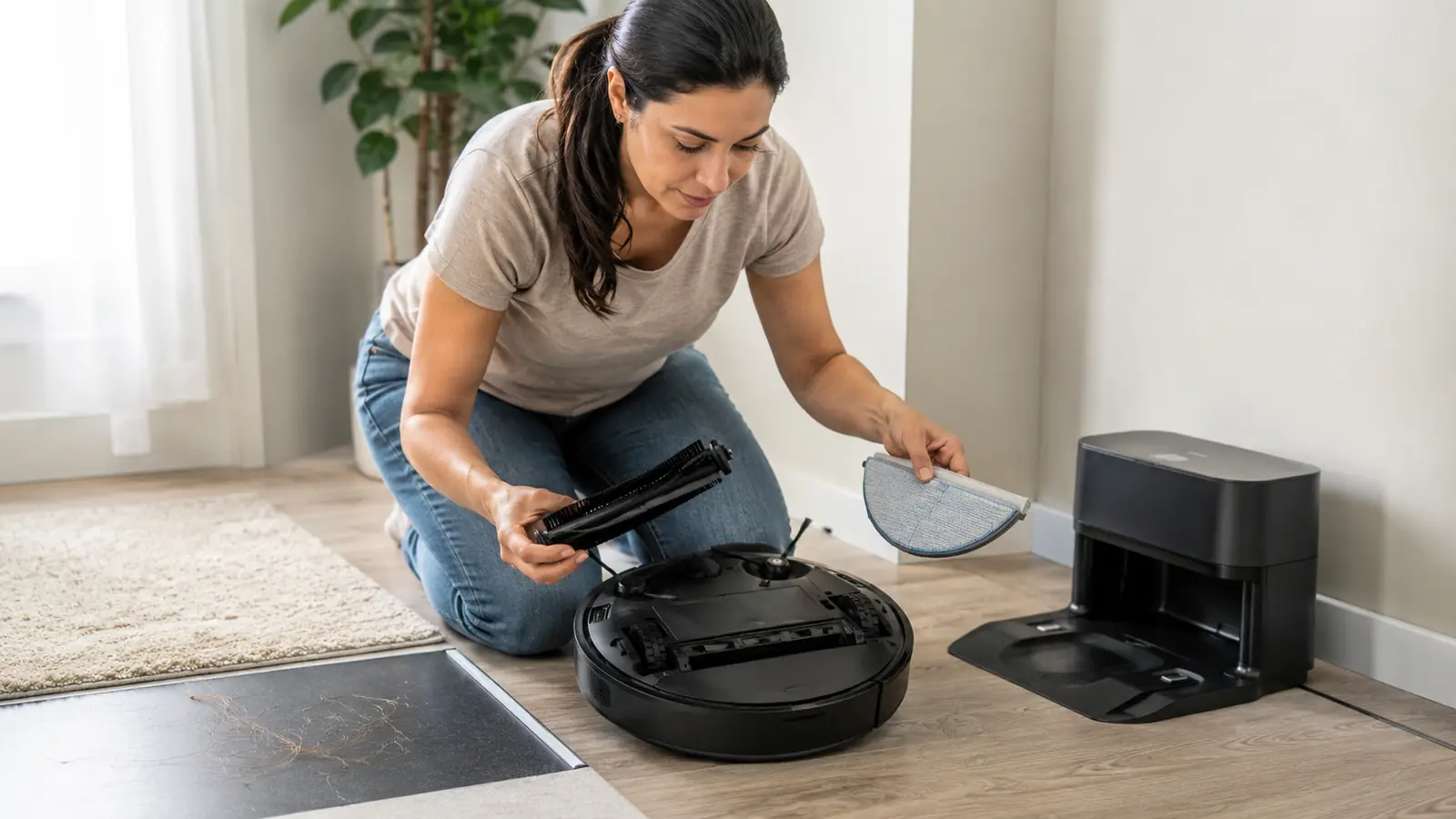Homeowner inspecting a robot vacuum roller brush and mop pad beside its maintenance dock