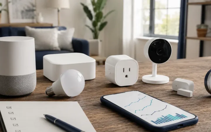 Smart home devices arranged for a sale comparison with price tracking on a phone