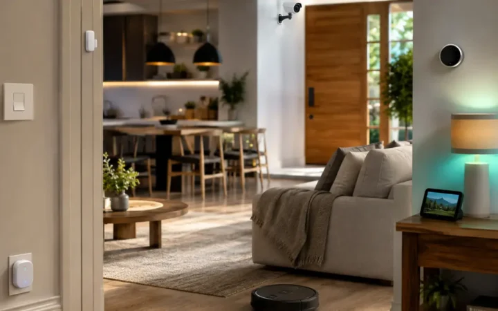 Modern connected home with smart display, lighting, thermostat, plug, lock and camera