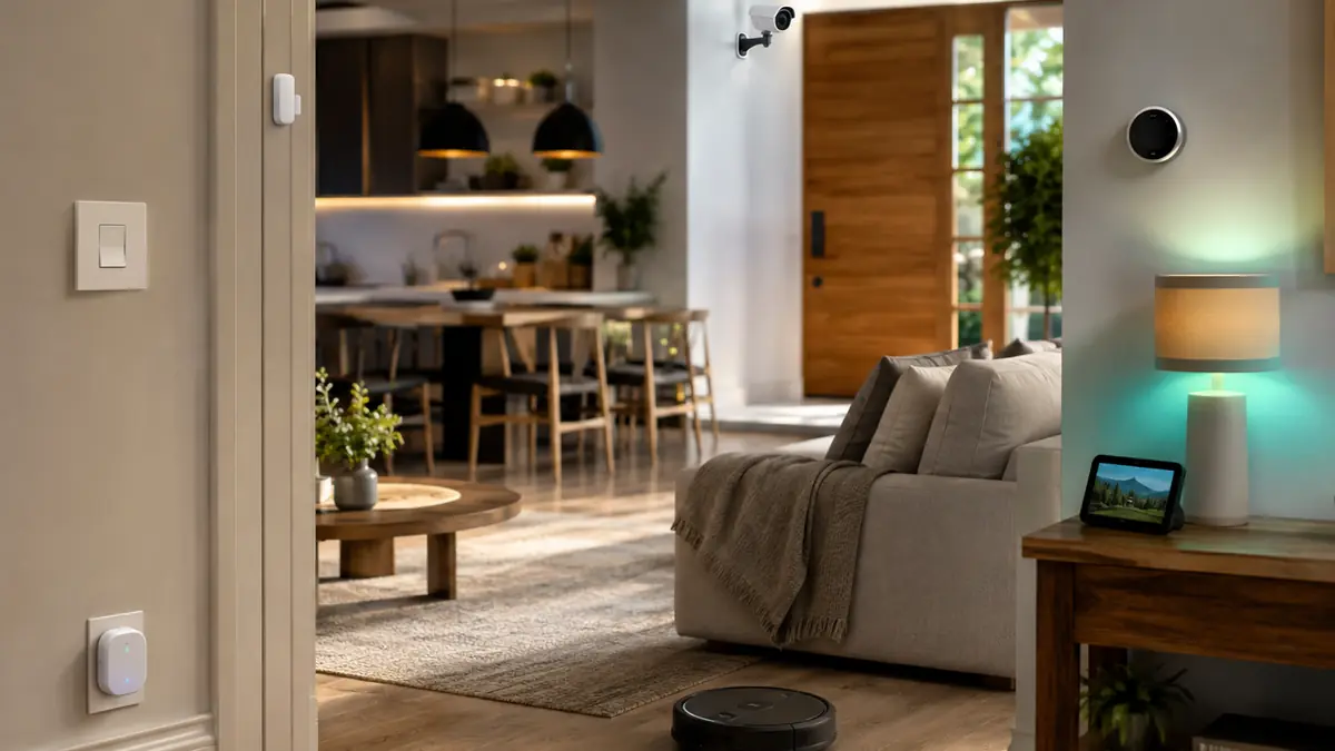Modern connected home with smart display, lighting, thermostat, plug, lock and camera