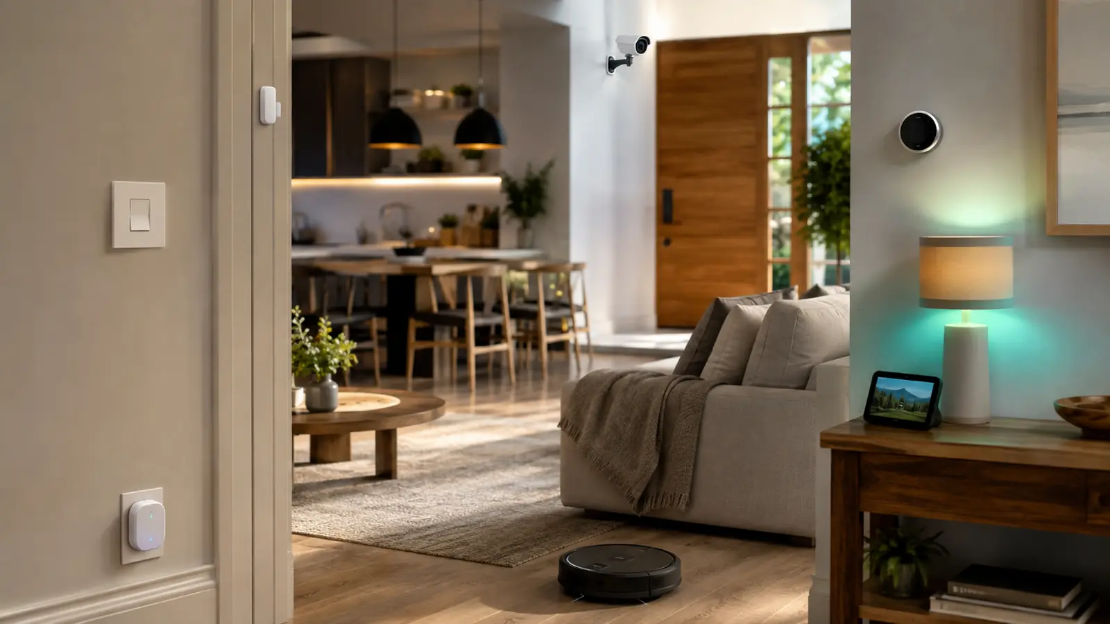 Bright home interior integrating smart lights, speaker, camera, thermostat and automated shades