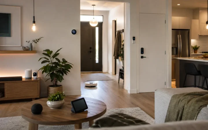 Modern home with smart display, speaker, thermostat, door lock, camera, lighting and robot vacuum