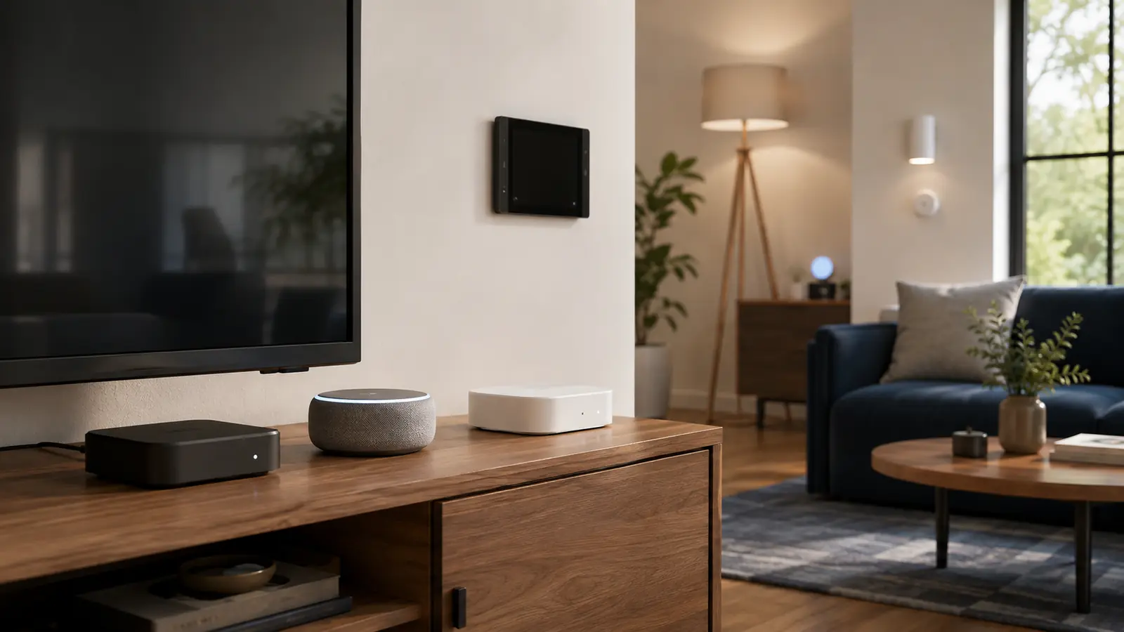 Modern smart display, speaker and compact hub controlling a connected home