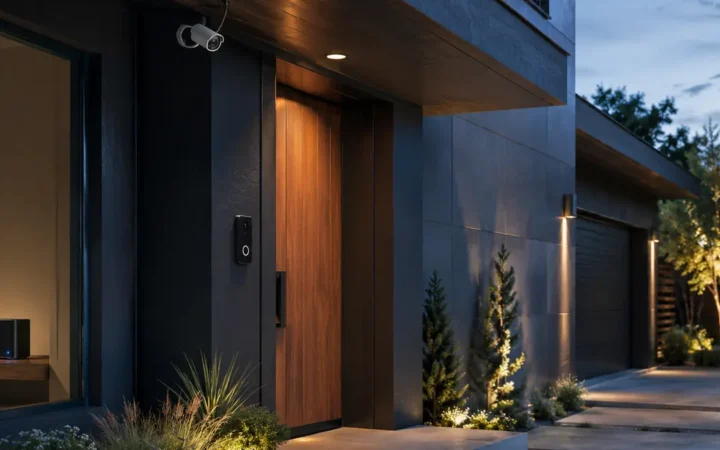 Outdoor smart security camera protecting a modern home with privacy-aware monitoring