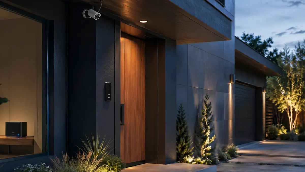 Outdoor smart security camera protecting a modern home with privacy-aware monitoring