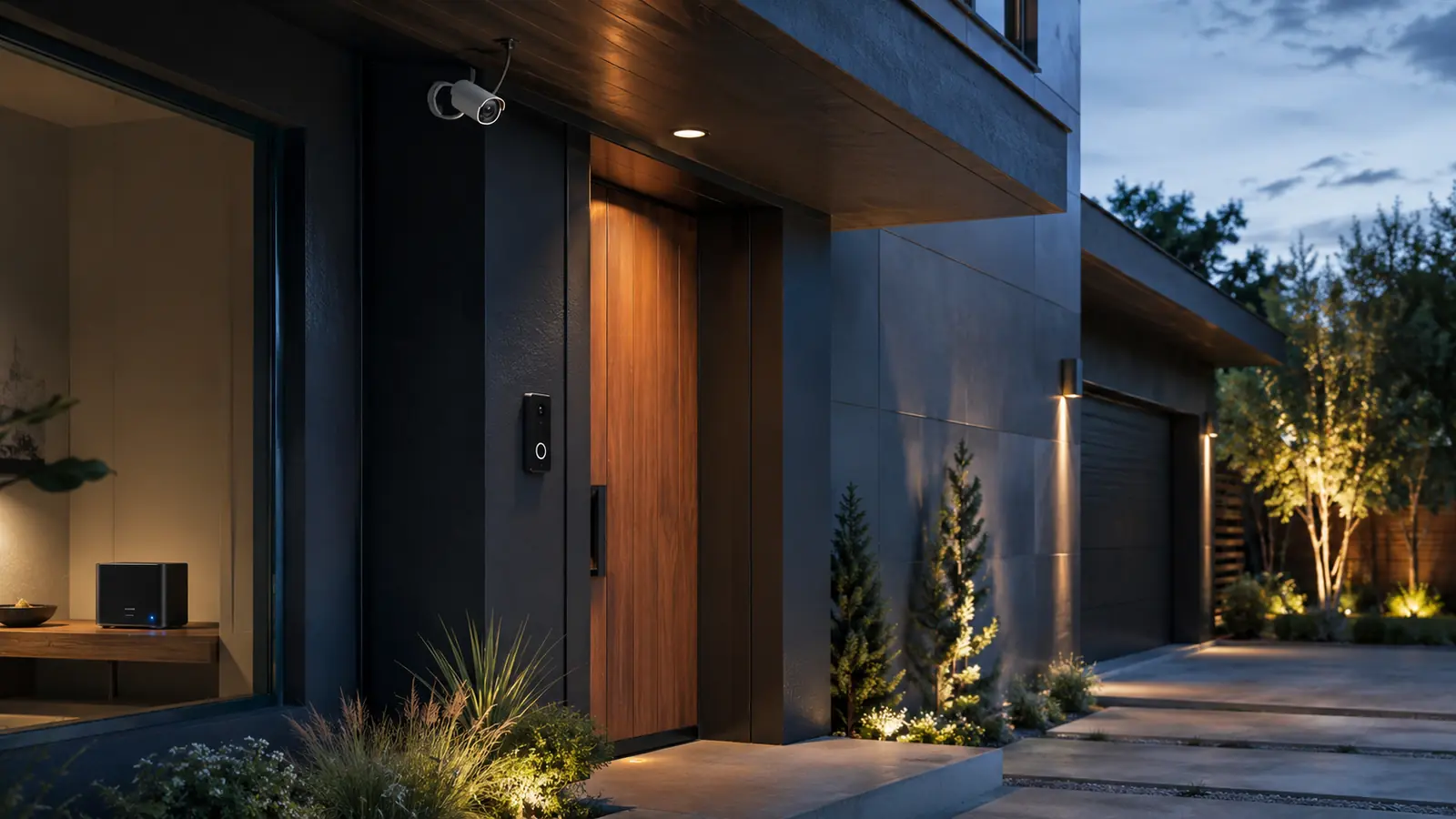 Modern home entry monitored by wired camera, video doorbell and secure local hub