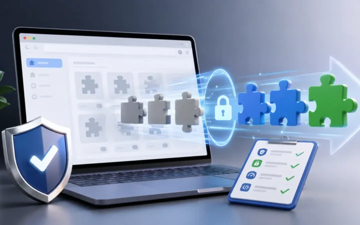 Laptop showing gray browser-extension puzzle pieces migrating through a security gate to blue and green replacements