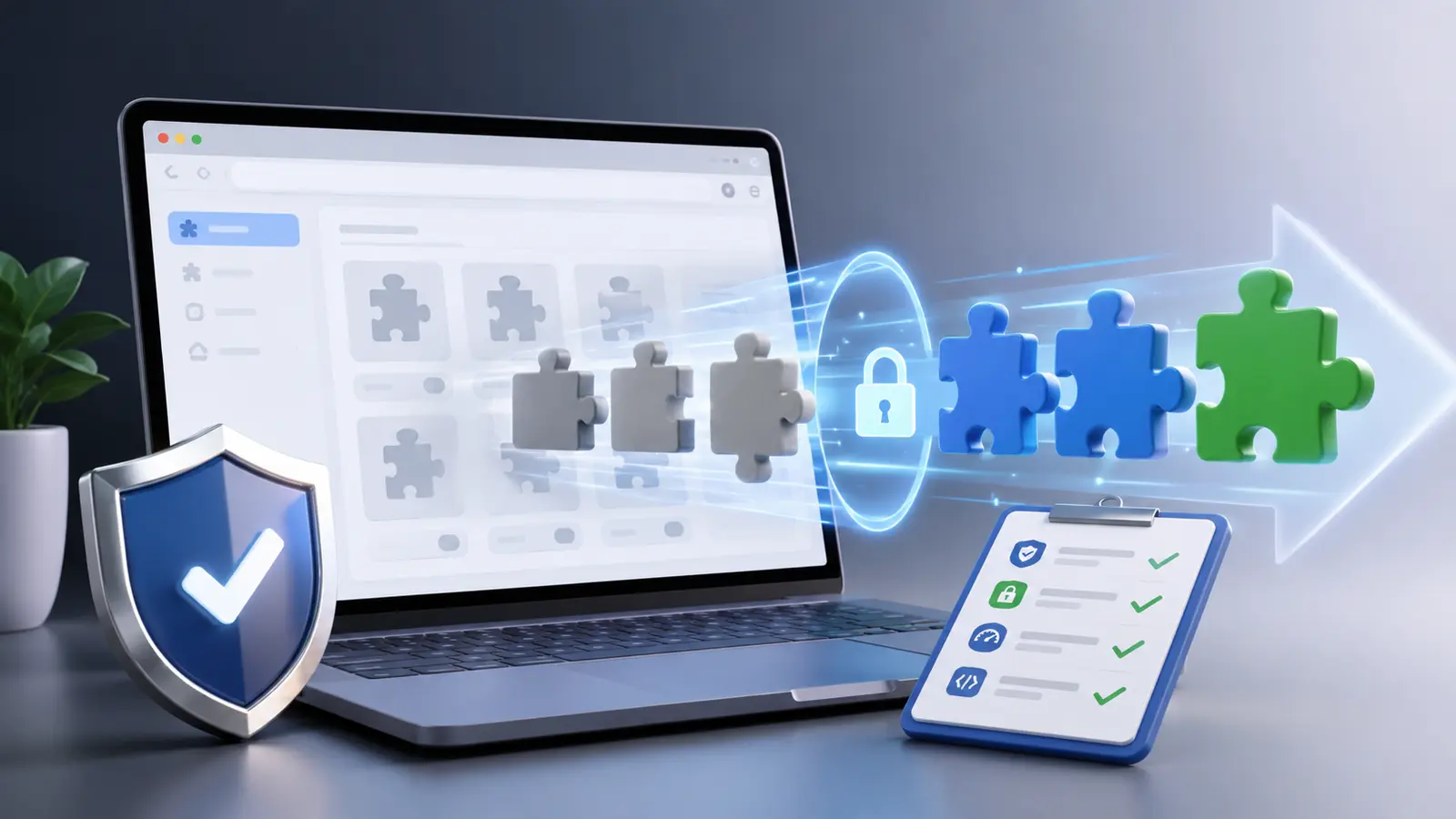 Laptop showing gray browser-extension puzzle pieces migrating through a security gate to blue and green replacements