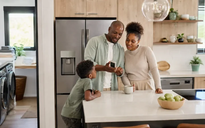 Family checking electricity use in a kitchen with efficient refrigerator, dishwasher, induction cooktop and laundry appliances