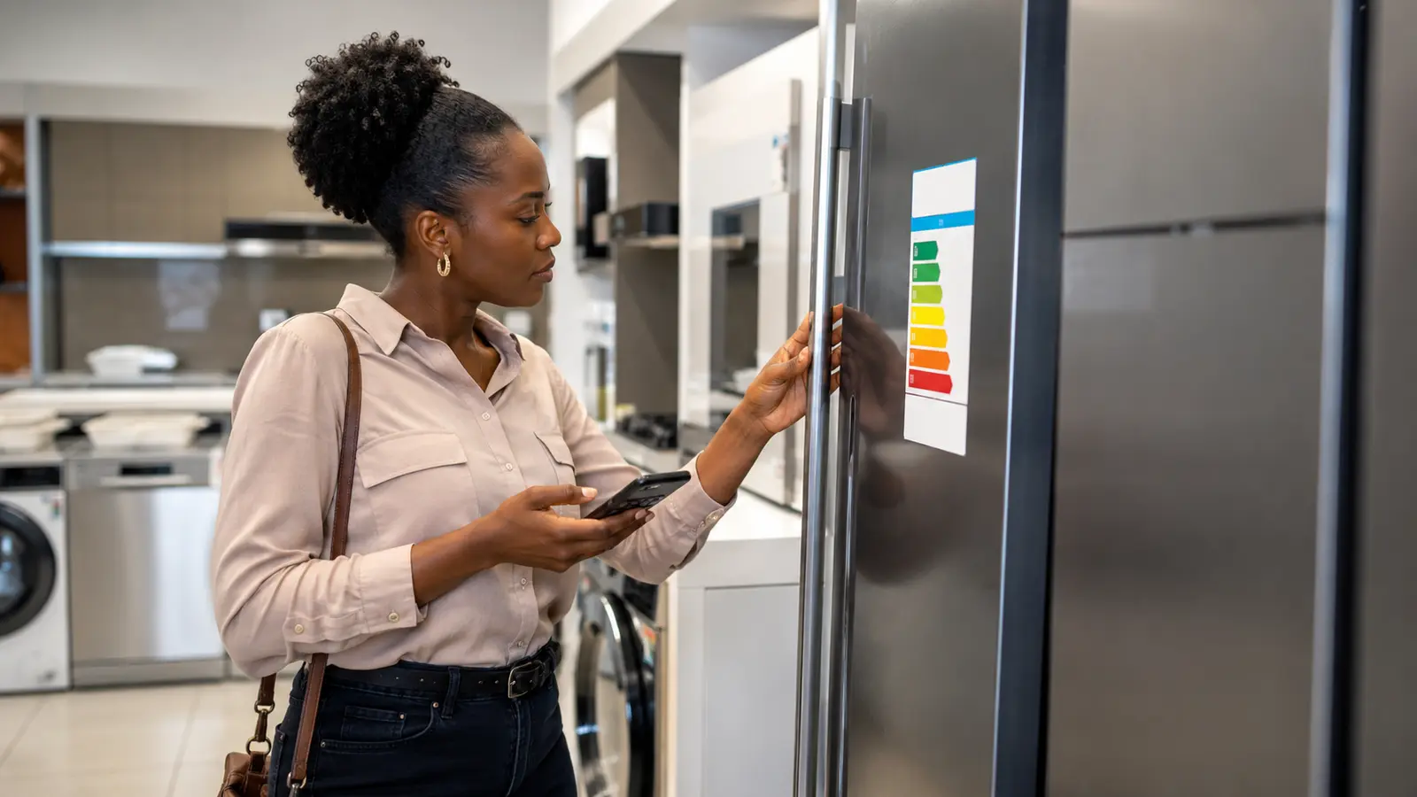 Ghanaian woman comparing the energy-efficiency label on a refrigerator in an appliance showroom