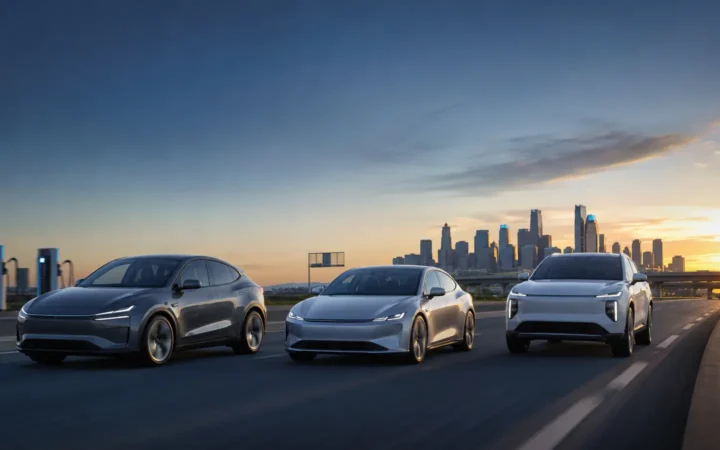 Three modern electric vehicles driving on a US highway near a city at sunset