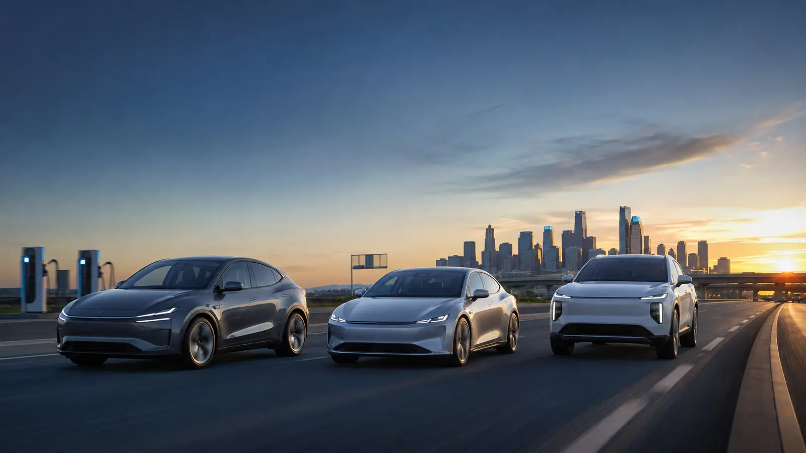 Three modern electric vehicles driving on a US highway near a city at sunset