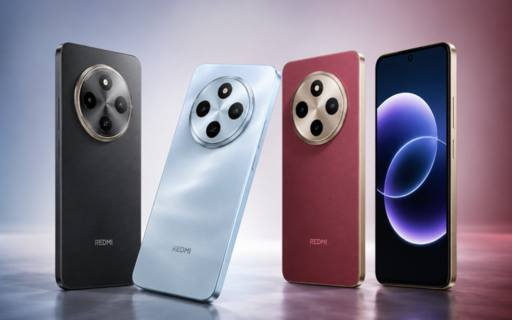 Redmi 17C 5G smartphones in black, blue and burgundy finishes showing the circular rear camera design and front display